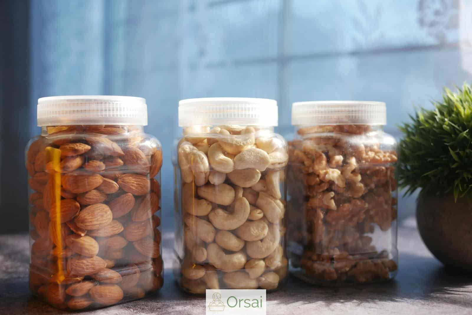 A Variety of Nuts in Clear Jars